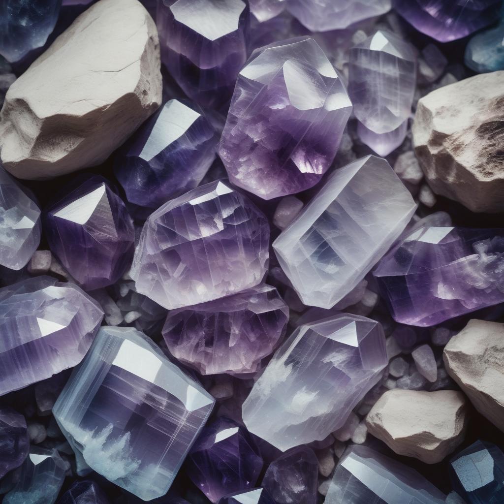 Close-up image of raw Amethyst crystals, showcasing their natural, unpolished texture with varying shades of purple, ranging from light lavender to deep violet. The stones glimmer softly under natural light, highlighting their translucent qualities and unique, jagged formations.