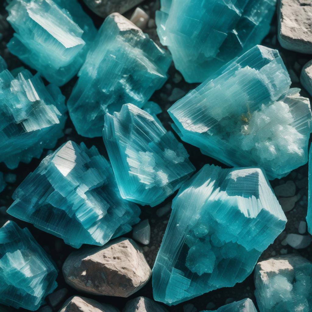 Close-up image of raw Apatite crystals, featuring vibrant shades of turquoise blue with natural, unpolished textures. The crystals display unique, layered formations and a translucent quality, glistening under soft light to emphasize their stunning color and natural beauty.
