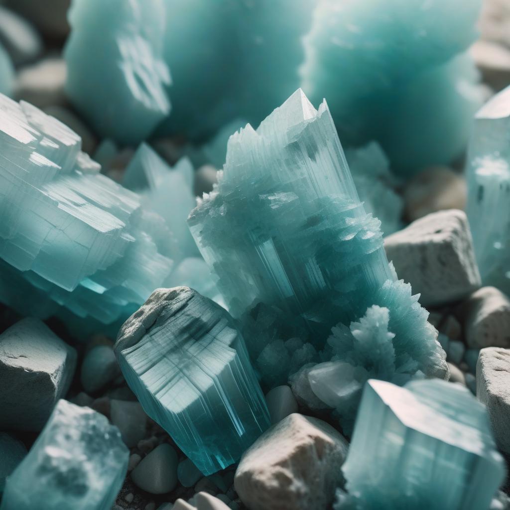 Close-up image of raw Aquamarine crystals, showcasing their natural, unpolished textures and delicate shades of pale to vibrant blue. The crystals feature unique, layered formations and a translucent appearance, beautifully highlighted by soft, natural lighting to emphasize their serene and calming aesthetic.