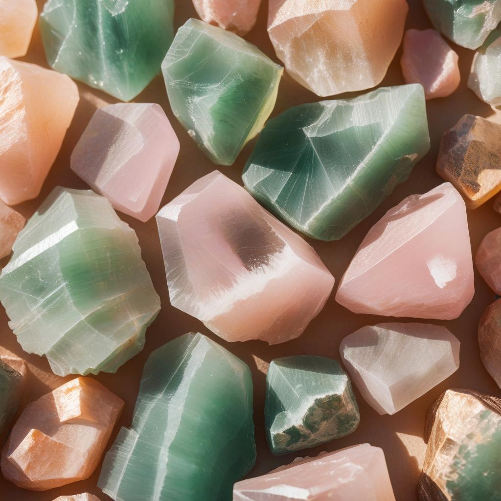 Close-up image of raw Aventurine crystals, showcasing their natural, unpolished textures in shades of green and pink. The crystals display unique, geometric formations with a soft, translucent quality, illuminated by warm natural light to highlight their earthy tones and organic beauty.
