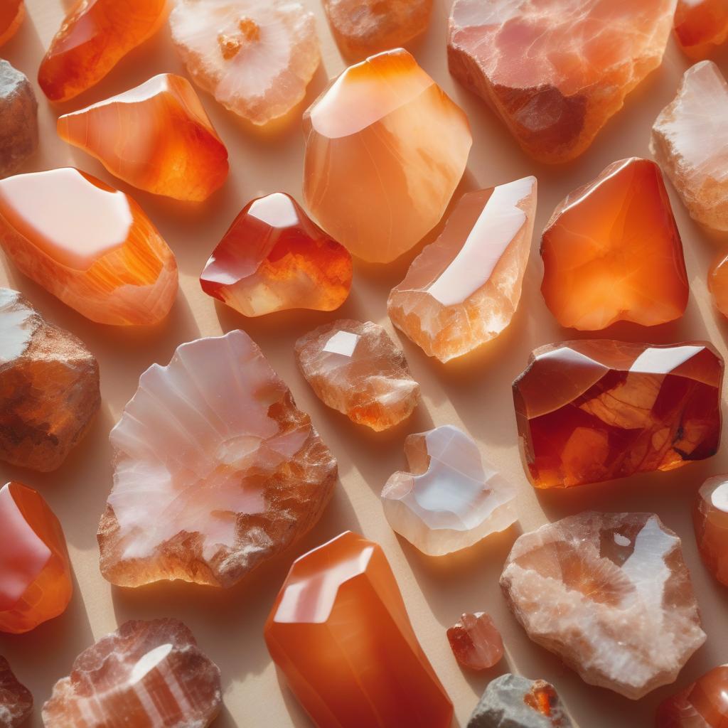 Close-up image of raw Carnelian crystals, featuring vibrant hues of orange, red, and warm amber tones. The stones display a mix of smooth and rough textures, with natural light highlighting their translucent and polished sections, emphasizing their fiery and energetic essence.