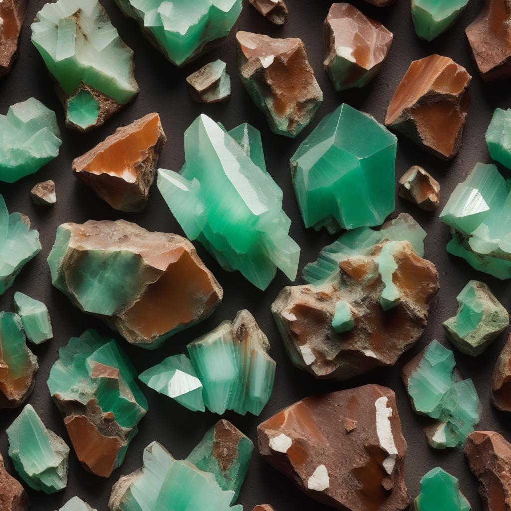 Close-up image of raw Chrysoprase crystals, showcasing vibrant shades of green contrasted with earthy brown matrix. The unpolished stones feature unique, jagged formations and natural textures, illuminated by soft light to highlight their striking color variations and organic beauty.