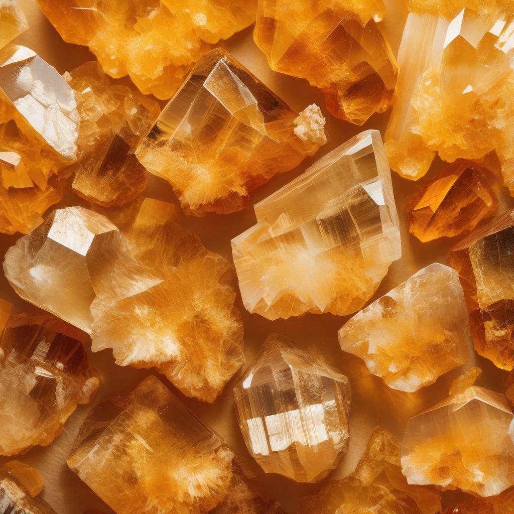 Close-up image of raw Citrine crystals, showcasing their warm golden and amber hues with natural, unpolished textures. The stones feature unique, jagged formations and a translucent glow, beautifully illuminated by soft light to highlight their vibrant, sunny appearance and organic beauty.