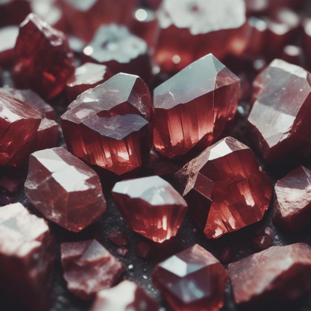 Close-up image of raw Garnet crystals, showcasing their deep red hues and rich, natural luster. The stones feature faceted, jagged formations with a translucent quality, beautifully highlighted by soft light to emphasize their bold, dramatic color and organic beauty.