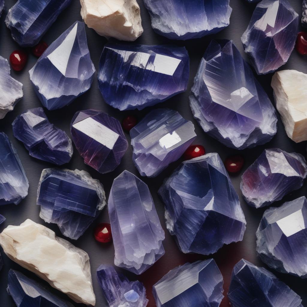 Close-up image of raw Iolite crystals, showcasing their stunning shades of deep blue and violet. The stones feature natural, jagged textures with translucent and reflective qualities, accented by soft light to emphasize their unique color variations and organic beauty.