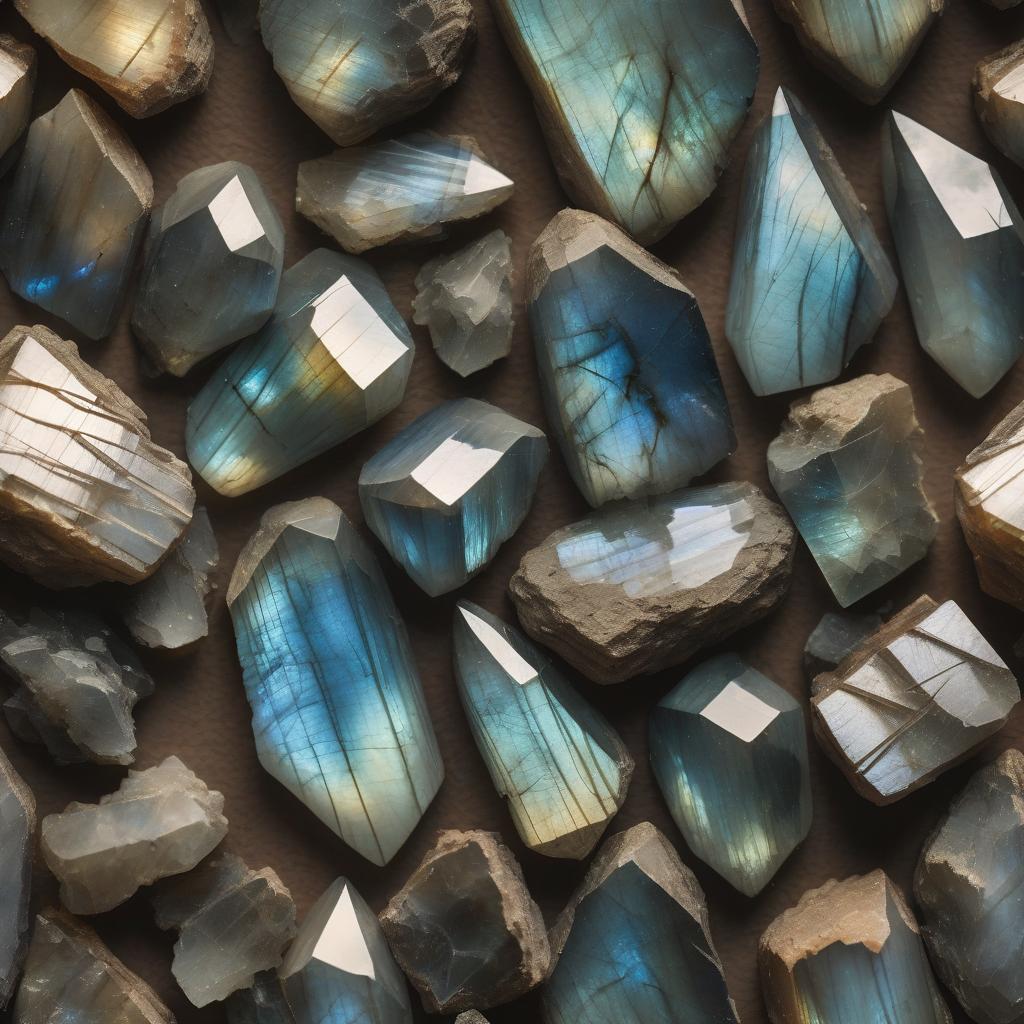 Close-up image of raw Labradorite crystals, showcasing their mesmerizing play of colors, with shades of blue, green, and gold reflecting under light. The stones feature rough, natural textures and smooth polished areas, highlighting their iridescent sheen and organic beauty.