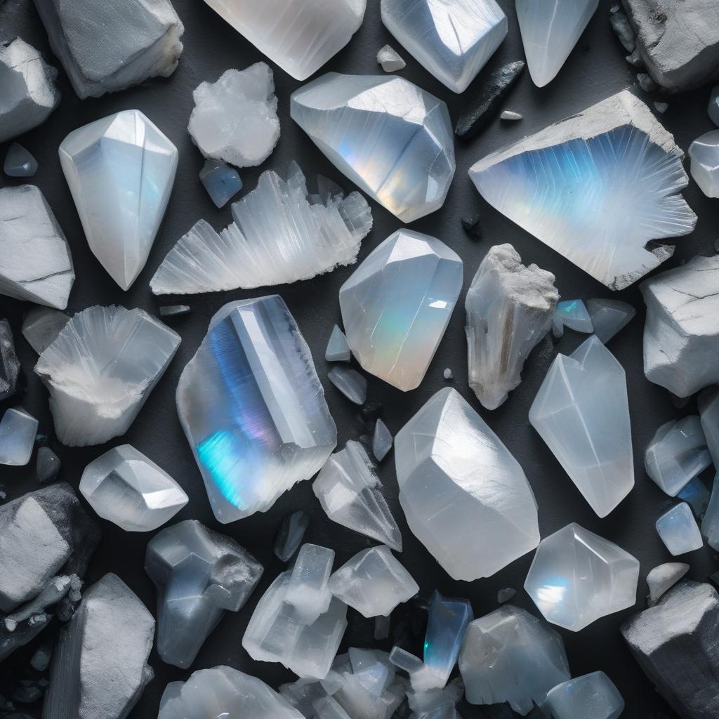 Close-up image of raw Moonstone crystals, featuring their signature iridescent glow with shades of white, silver, and subtle flashes of blue. The stones display natural, jagged textures and smooth polished facets, beautifully illuminated by soft light to highlight their ethereal and mystical qualities.