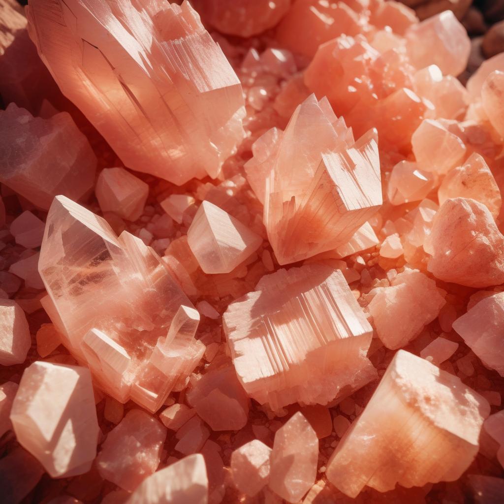 Close-up image of raw Morganite crystals, showcasing their soft pink hues and natural, unpolished textures. The stones feature intricate, jagged formations and a delicate translucence, illuminated by warm light to highlight their romantic and feminine charm.