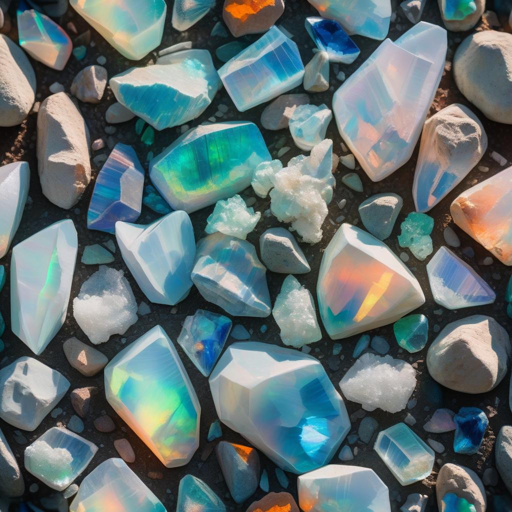 Close-up image of raw Opal crystals, showcasing their stunning play of colors with flashes of blue, green, orange, and pink. The stones feature smooth and jagged natural textures, illuminated by light to emphasize their iridescent glow and captivating translucence.