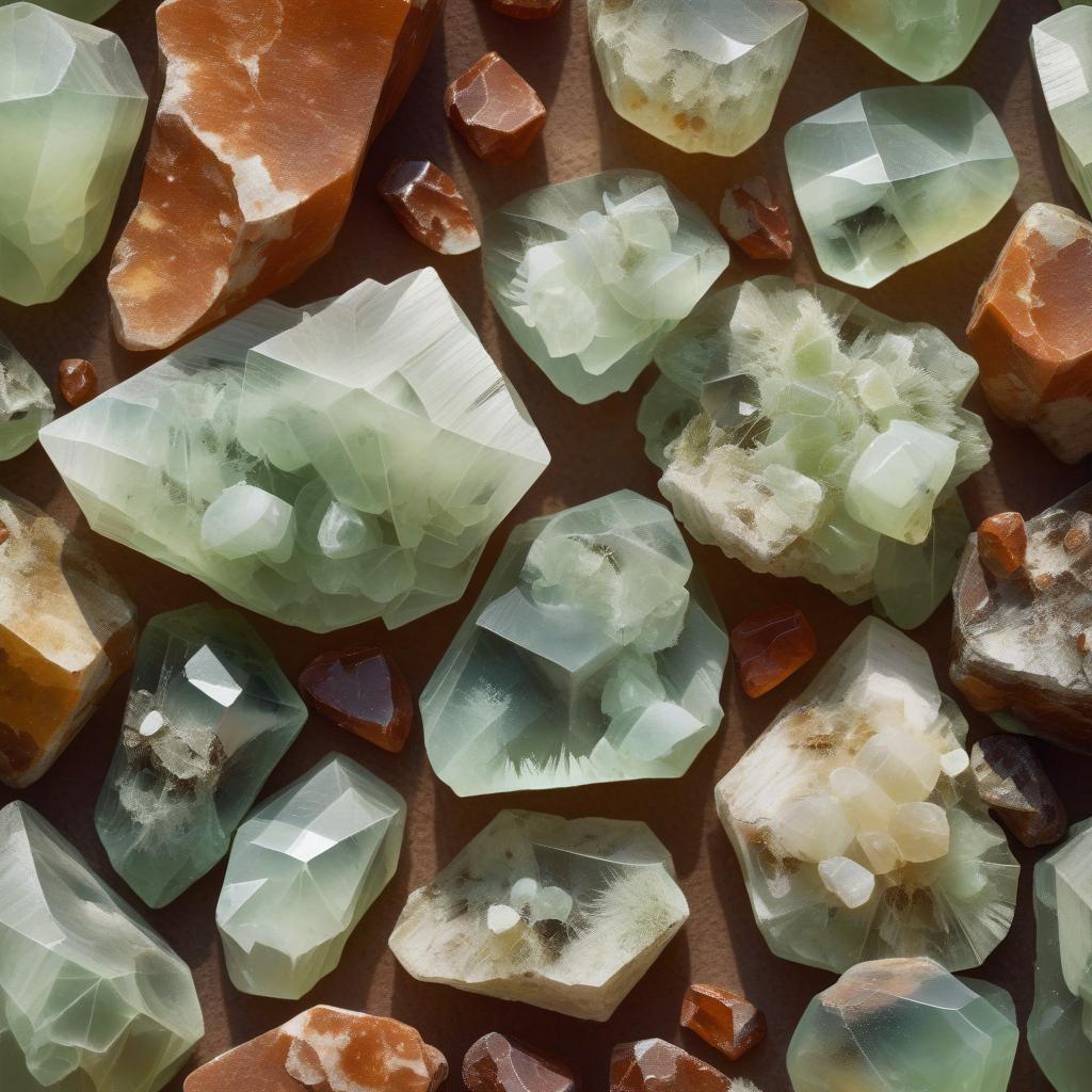 Close-up image of raw Prehnite crystals, featuring soft green hues with natural, translucent textures. The stones display unique formations with a smooth and rugged appearance, complemented by earthy brown accents, illuminated by warm light to emphasize their organic beauty and calming tones.