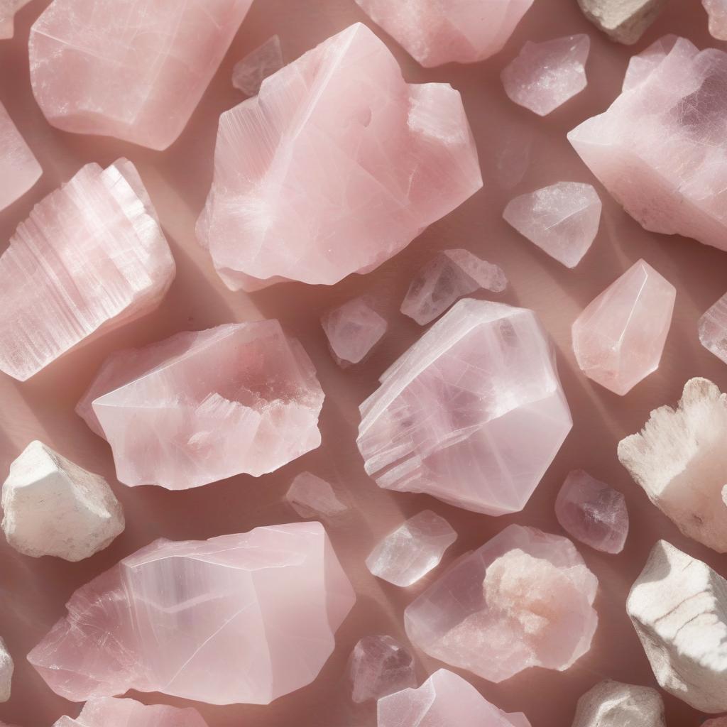 Close-up image of raw Rose Quartz crystals, showcasing their soft pink hues and natural, unpolished textures. The stones feature unique, jagged formations with a delicate translucence, beautifully illuminated by warm light to emphasize their romantic and soothing charm.