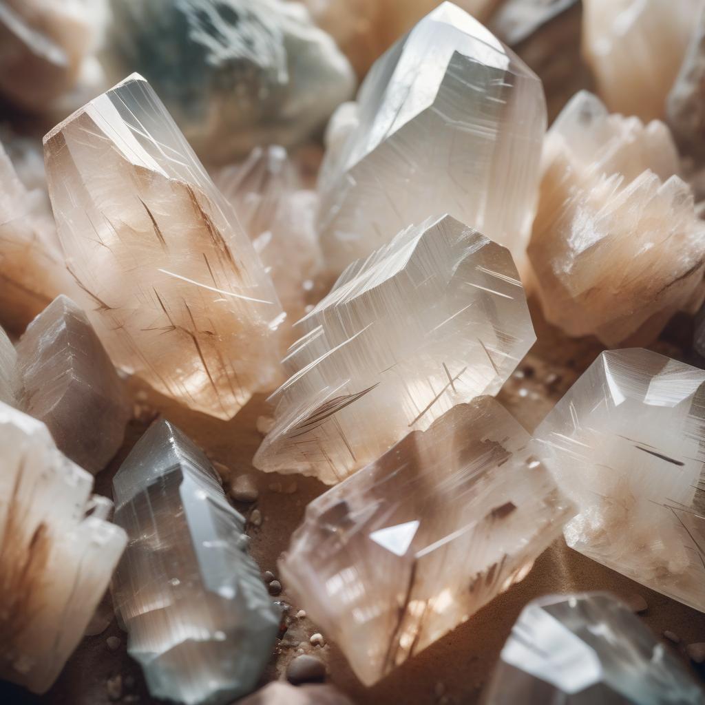 Close-up image of raw Rutilated Quartz crystals, featuring clear and smoky hues with fine golden or dark needle-like inclusions. The stones display natural, jagged formations with a radiant translucence, illuminated by soft light to emphasize their intricate textures and unique inner patterns.