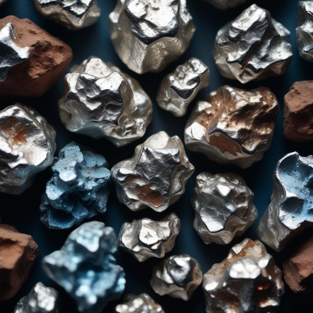 Close-up image of raw silver nuggets, showcasing their natural, unrefined textures and metallic luster. The nuggets feature irregular shapes with a mix of polished and rugged surfaces, illuminated by soft light to highlight their brilliant, reflective qualities and organic beauty.