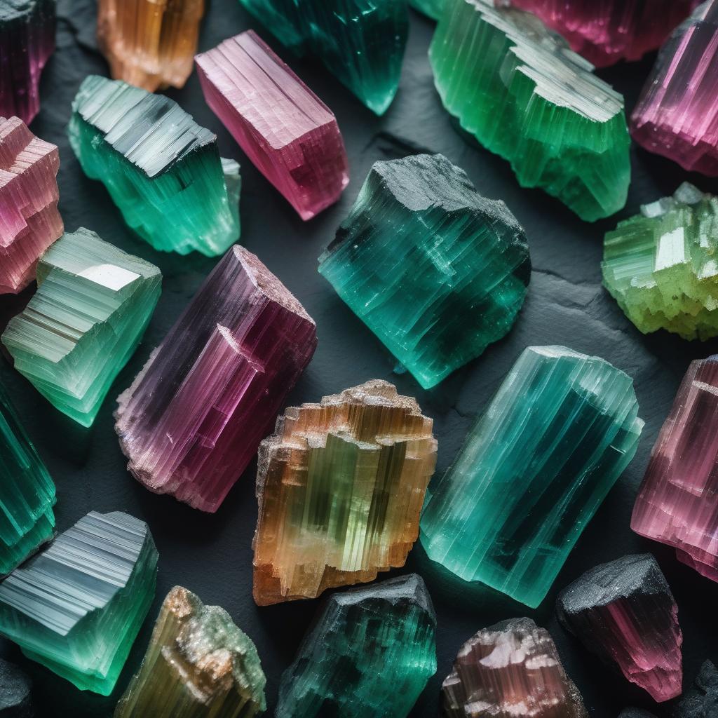 Close-up image of raw Tourmaline crystals, featuring vibrant shades of green, pink, and earthy tones. The stones display natural, elongated formations with striated textures, illuminated by soft light to emphasize their rich colors and unique, organic beauty.